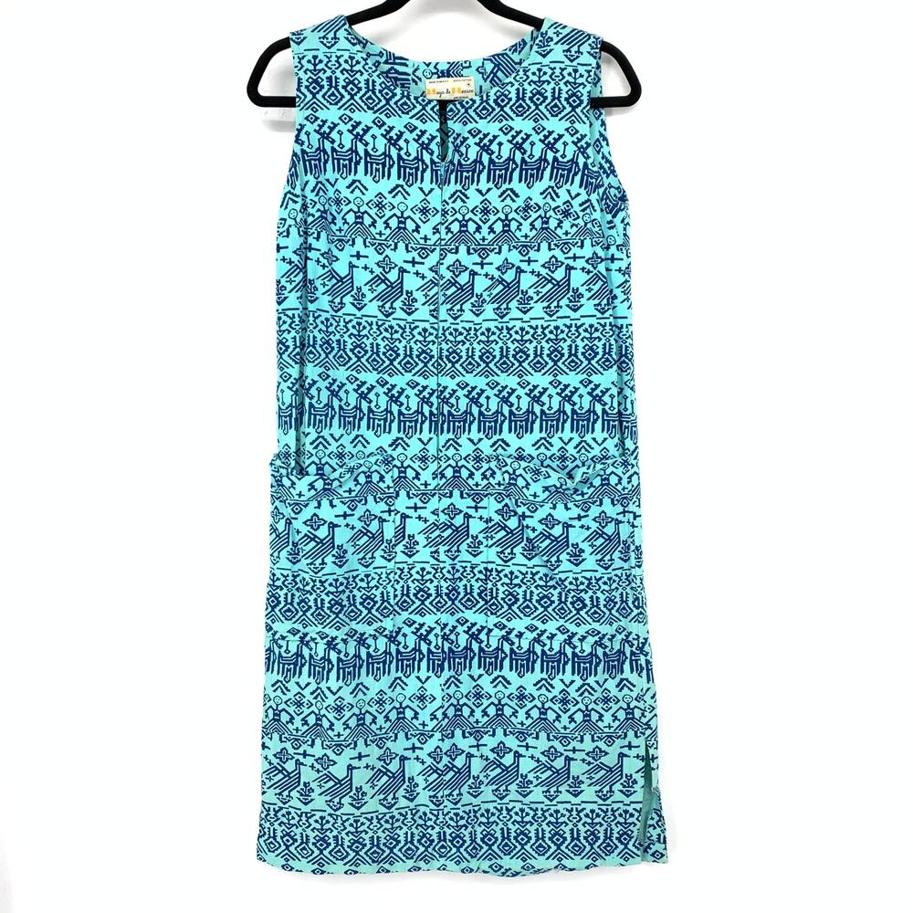 Vintage Maya De Mexico Original Shift Dress Womens Sz S/M Blue Bird Print *READ